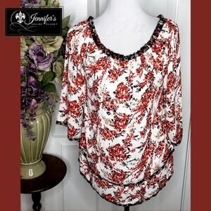 White House Black Market Red On/Off Shoulder Floral Blouse Size Large